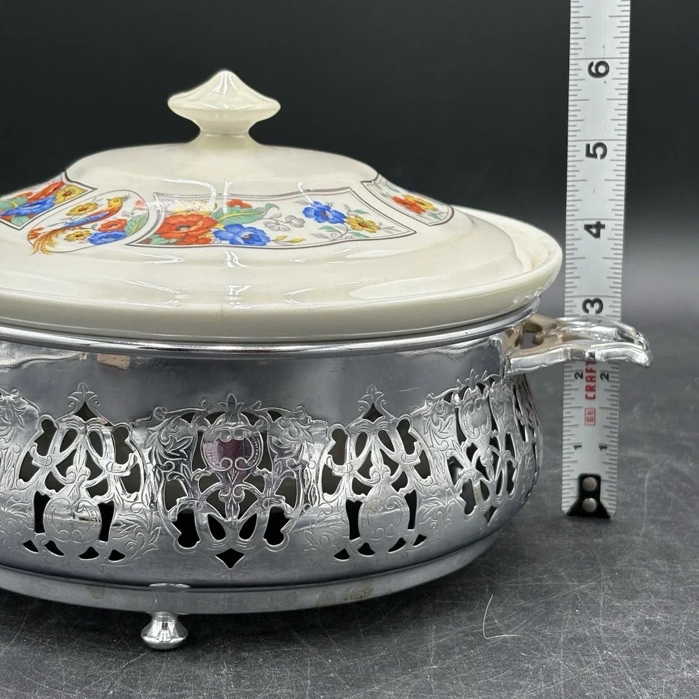 Vtg Hall China Forman Bros Round Casserole Dish Floral Birds Vented Lid Covered